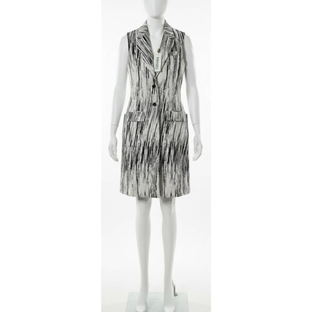 Kenzo paris womens small long trench coat vest coat black white cotton silk